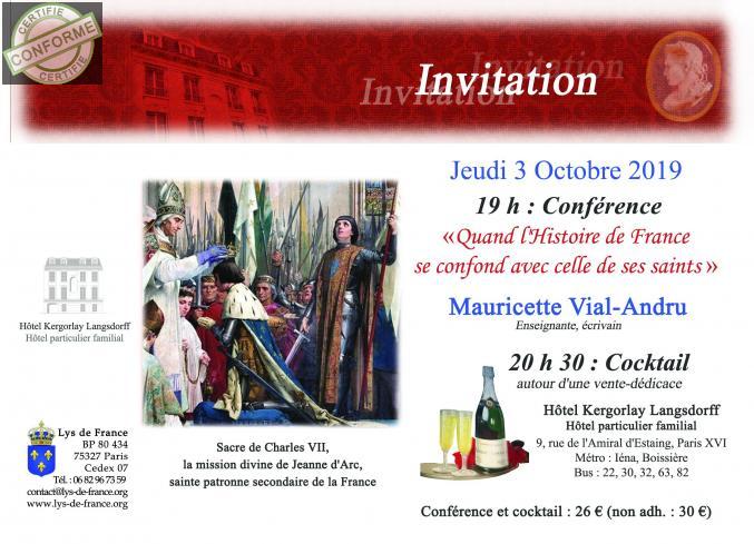 Jeudi 3 Octobre (Hôtel Kergorlay-Langsdorff) : "Quand l'Histoire de France se confond avec celle de ses saints" à Paris